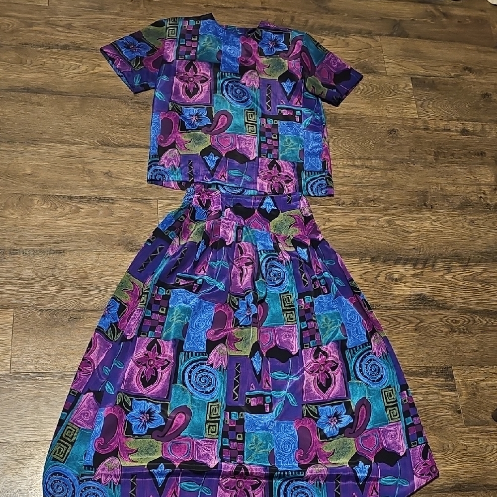 VINTAGE CITY GIRL Colorful Abstract Midi Dress Set Nancy Bolen Retro 80s Size 8